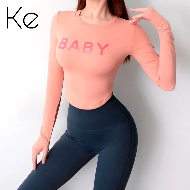 

Одежда для тренировок KE, Женская облегающая Сексуальная Спортивная футболка с длинными рукавами и пупком для бега, тонкая осенняя одежда для йоги