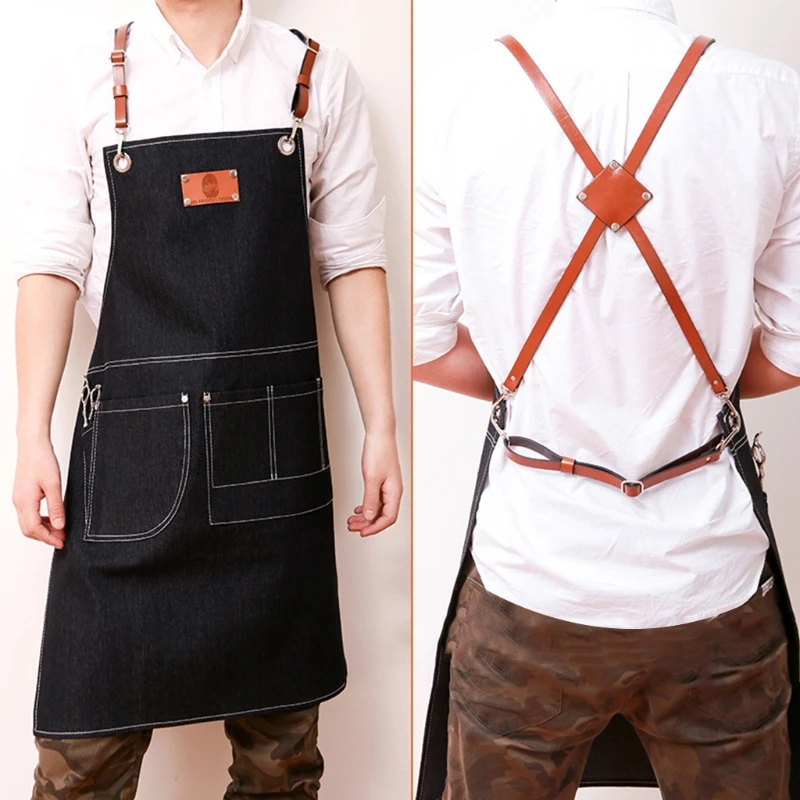 

Chef Apron Cotton Canvas Cross Back Adjustable Apron with Pockets for Women and