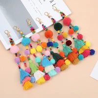 1pc boho style colorful pompom keyring wooden beads hair ball tassel keychain summer bag hanging pendant wedding decoration