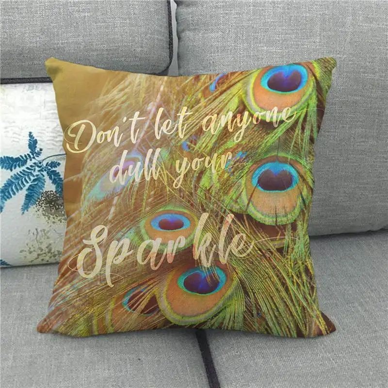 Наволочка для диванной подушки из льна/хлопка с павлиньими перьями | Дом и сад