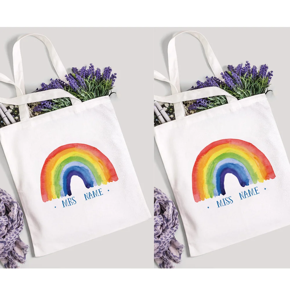 

Personalised Rainbow Canvas Bag Teacher's Day Graduation Gift Teacher Life Shopping Bag Custom Teacher Tote Bag