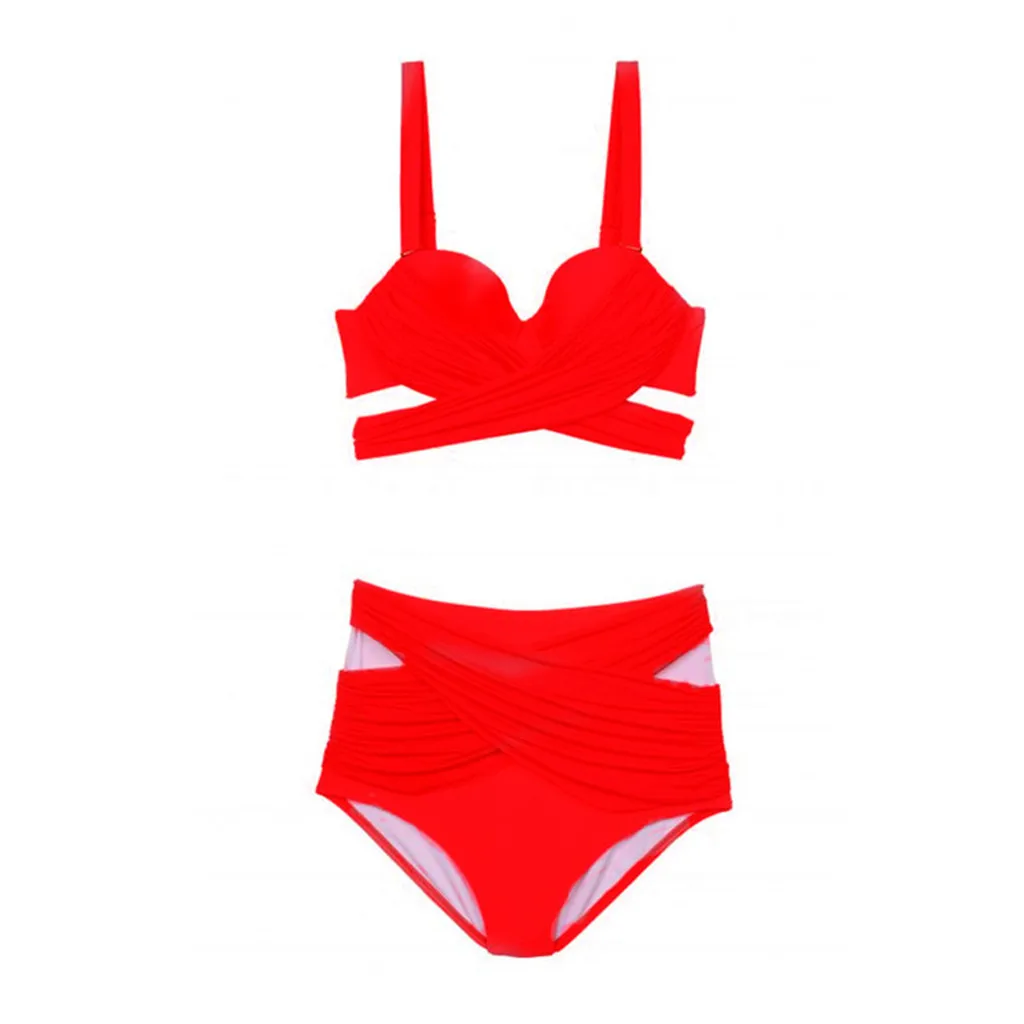 

CHAMSGEND Women's Large size high waist conservative strap bikini swimsuit fashion casual beachwear two-piece split swimsuit