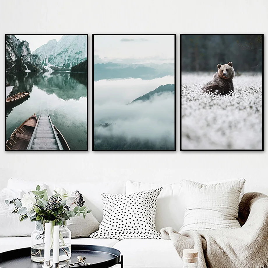 Горные облака медведь капли воды ландшафт холст живопись скандинавские постеры и печати картин для декора гостиной на.