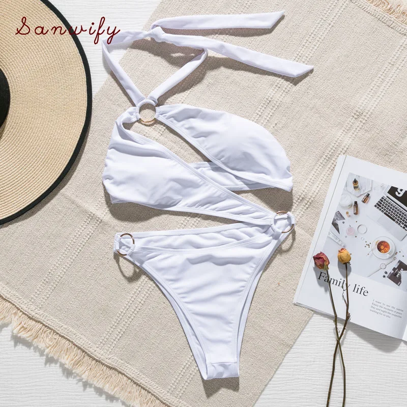 

Bikini 2020 New White Woman Swimsuit Piece Bodysuits Hollow Out Swimwear Women High Cut