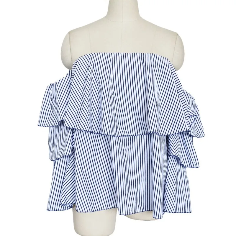 

2020Summer Blouse Women Fashion Sexy Stripes Off Shoulder Ruffle Shirts Strapless Beach Tops Tee Feminine Plus Size Office Lady
