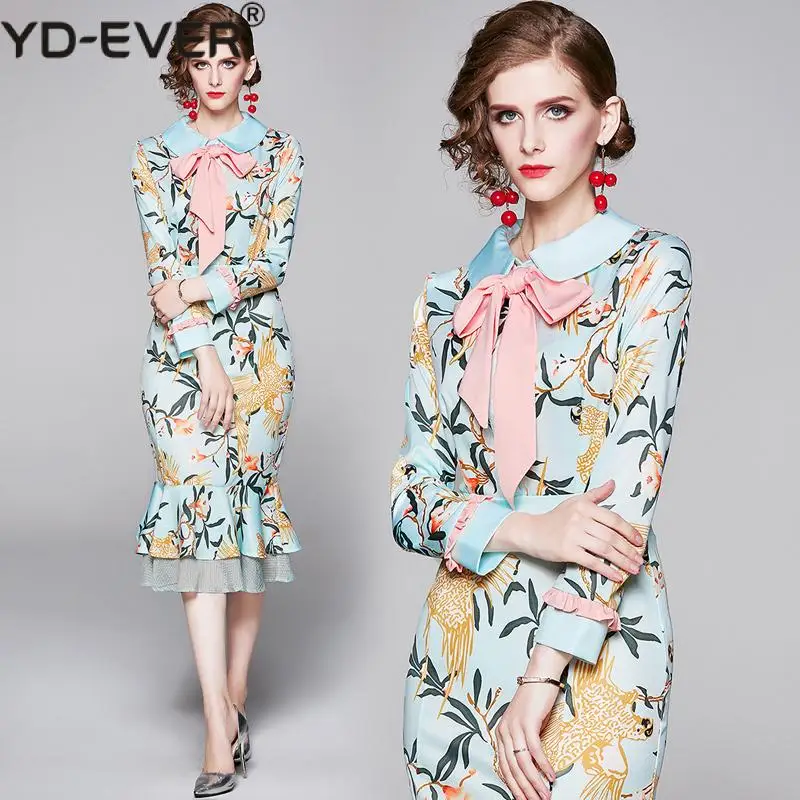 Женское облегающее платье с оборками элегантное бантом на воротнике и длинным