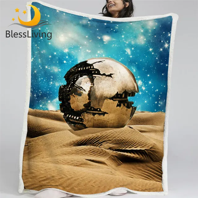 BlessLiving Desert Throw Blanket Metal Ball Linen Blanket Blue Golden Plush Bedspread Starry Soft Custom Blanket Dropship 1pc 1