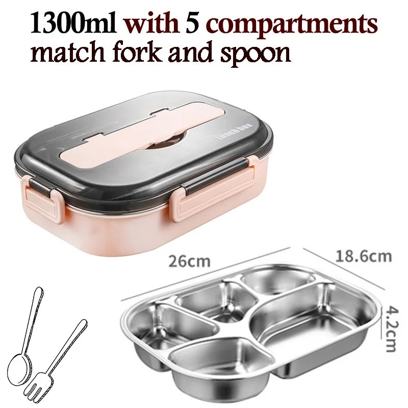 pink 1300ml-5divide SUS 304 Ланч-бокс из нержавеющей стали, контейнеры для еды, переносная коробка для снэк-бенто на заказ, Спортивная Коробка для хранения с отсеками - Цвет: pink 1300ml-5divide