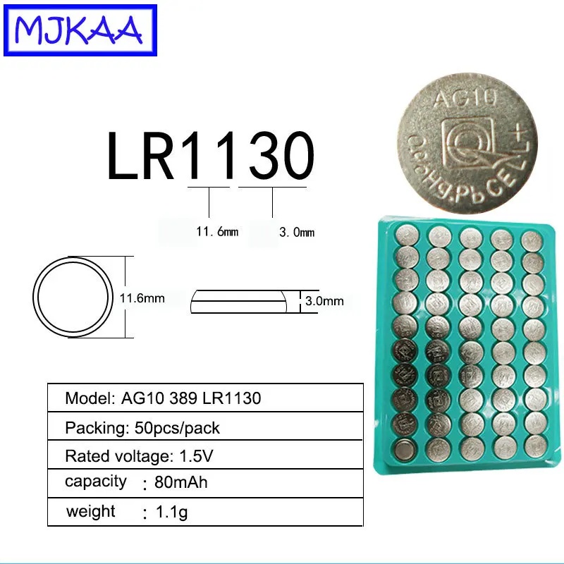 Кнопочный аккумулятор MJKAA 100 X AG10 1 5 в LR1130 1130 SR1130 389A LR54 L1131 189 80 мАч|Часовые батарейки|