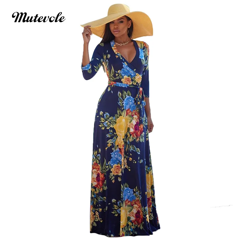 

Mutevole Spring Boho Floral Print Maxi Dress Women Casual V Neck Bandage Long Dress Elegant Full Sleeve Club Party Dress