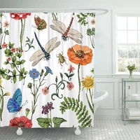 shower curtain summer botanical plants insects in vintage butterflies dragonflies waterproof polyester fabric set with hooks