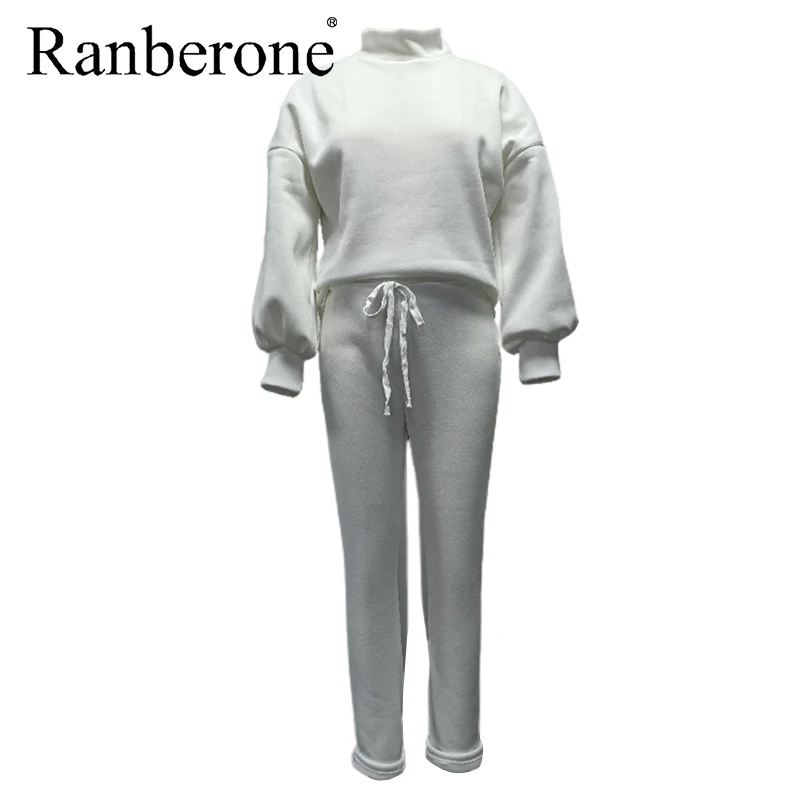 Ranberone 2 Pieces Set Sport Suit Female Solid Lantern Sleeve Top + Drawstring Pockets Design Pants Fitness Women's Tracksuit