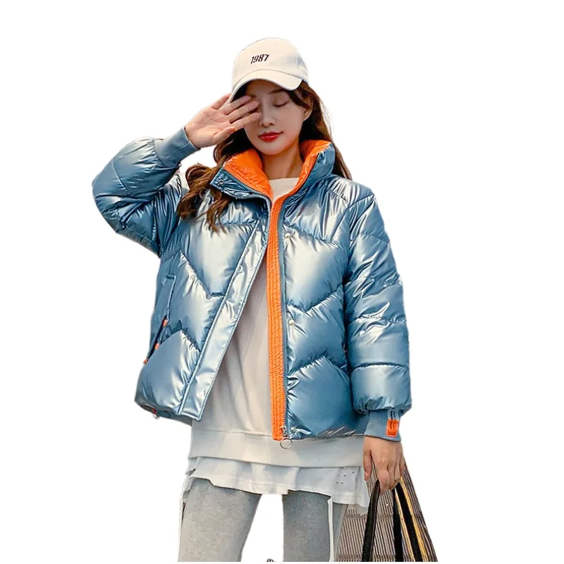 

Women Shiny Down Cotton Jacket Winter New Jackets Warm Fashion shiny color matching Cotton Jackets Casual Parka Abrigo Mujer