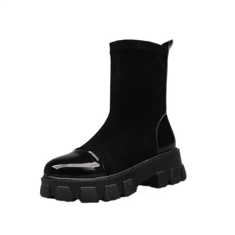 

Fall 2020 net red thick bottom high rise women's leather boots British style waterproof platform elastic women's Boots