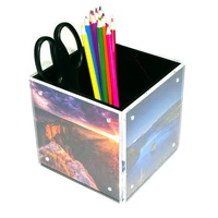 acrylic photo block cube 4 side desktop storage organizer pen holder suit 5 x5 photo size for home or office decoration