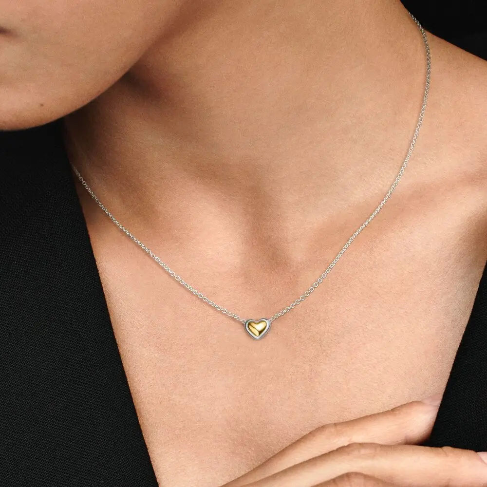 

Trendy Two Tone Domed Golden Heart Necklace 925 Sterling Silver Women DIY Jewelry Mother's Day Silver Chain Necklace