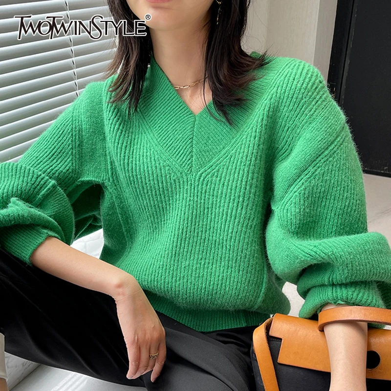 

TWOTWINSTYLE Solid Color Sweater For Female V Neck Lantern Long Sleeve Loose Women's Casual Sweater Fashion Autumn New 2021
