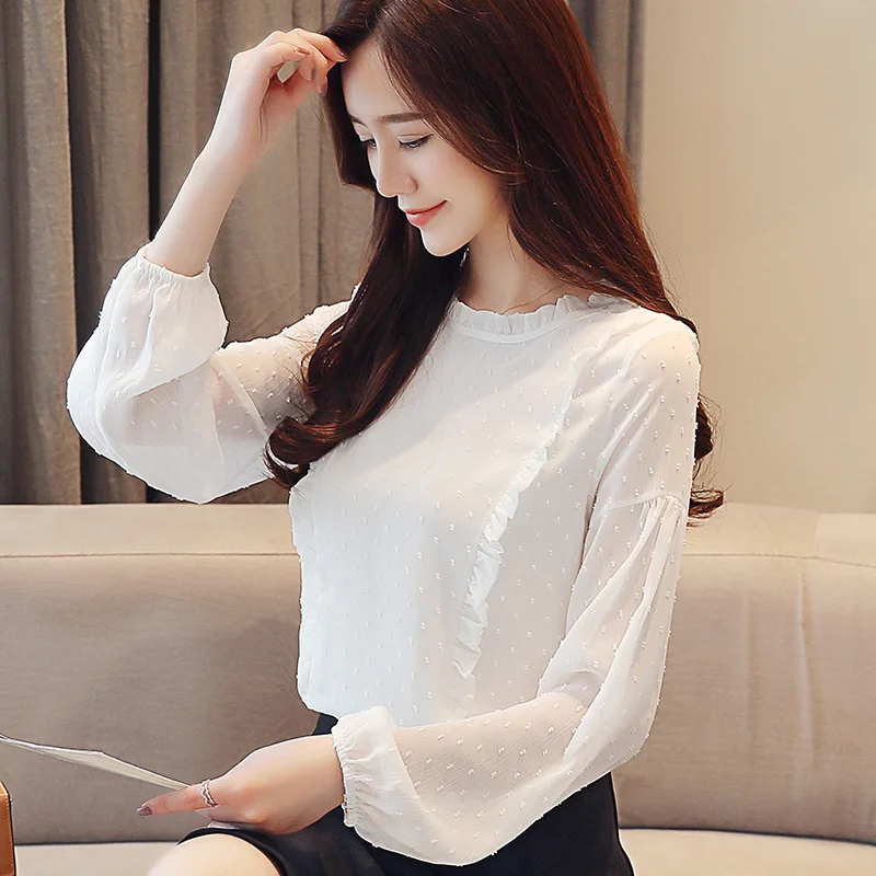 

Женская шифоновая блузка с длинным рукавом и оборками