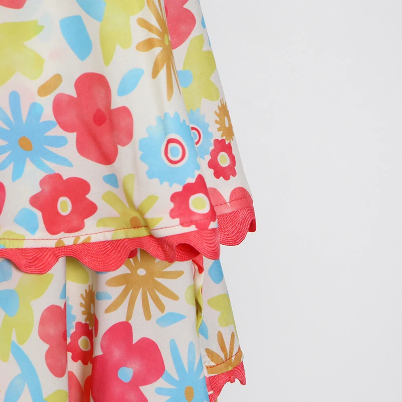 

TWOTWINSTYLE Patchwork Ruffle Two Piece Set For Women V Neck Sleeveless Short Tops High Waist Midi Skirts Print Sets Female 2021