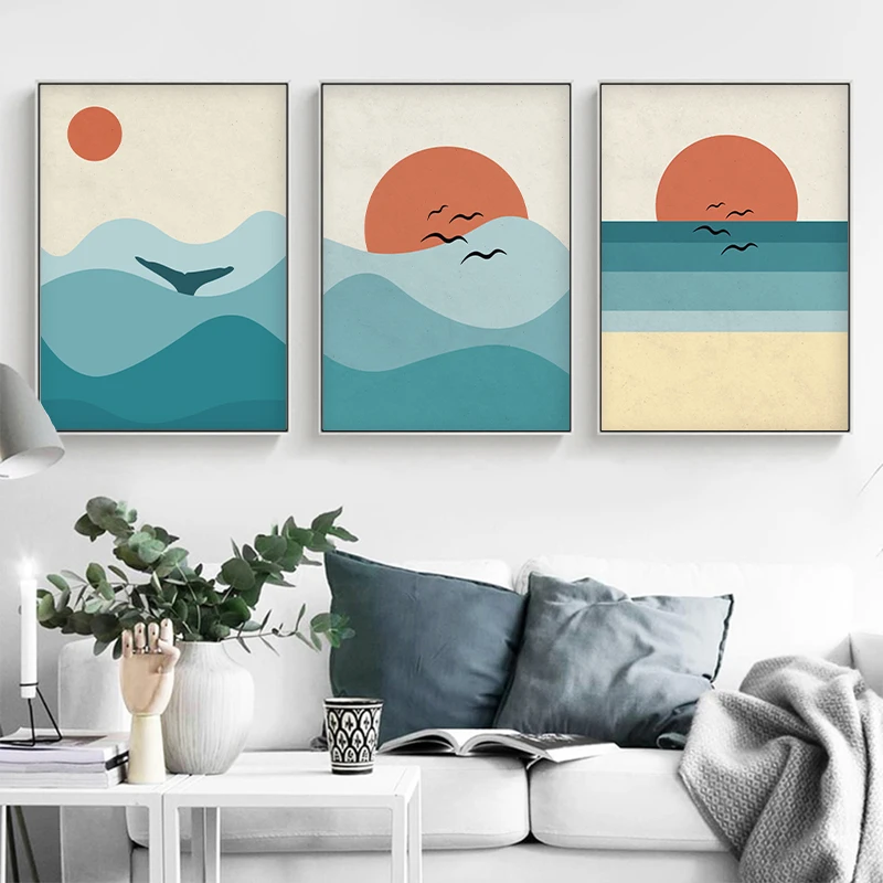 

Abstract Waves Whale Poster Nordic Wall Art Blue Ocean Red Sun Picture Minimalist Print Canvas Painting for Living Room Decor