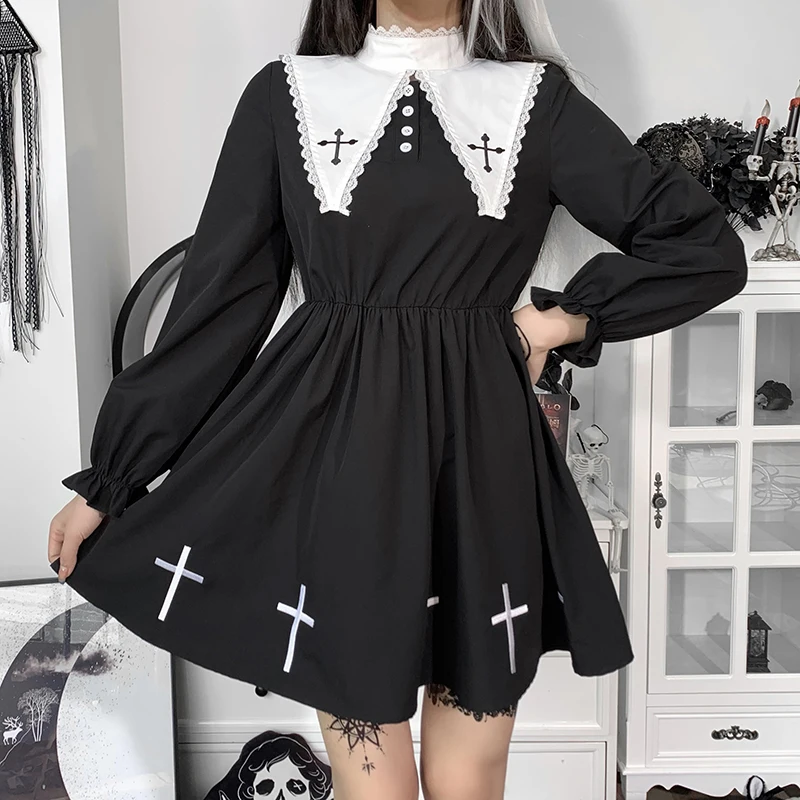 

Autumn Goth Dark Academia Woman Sexy High Waist A Line Dress Preppy Y2K Cross Print Doll Collar Puff Sleeve Dress Alt Clothes