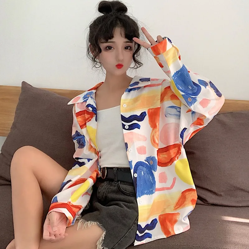 

Women Printing Long-sleeved Blouses Loose Shirt Fashion Loose Turn Down Collar Blouse