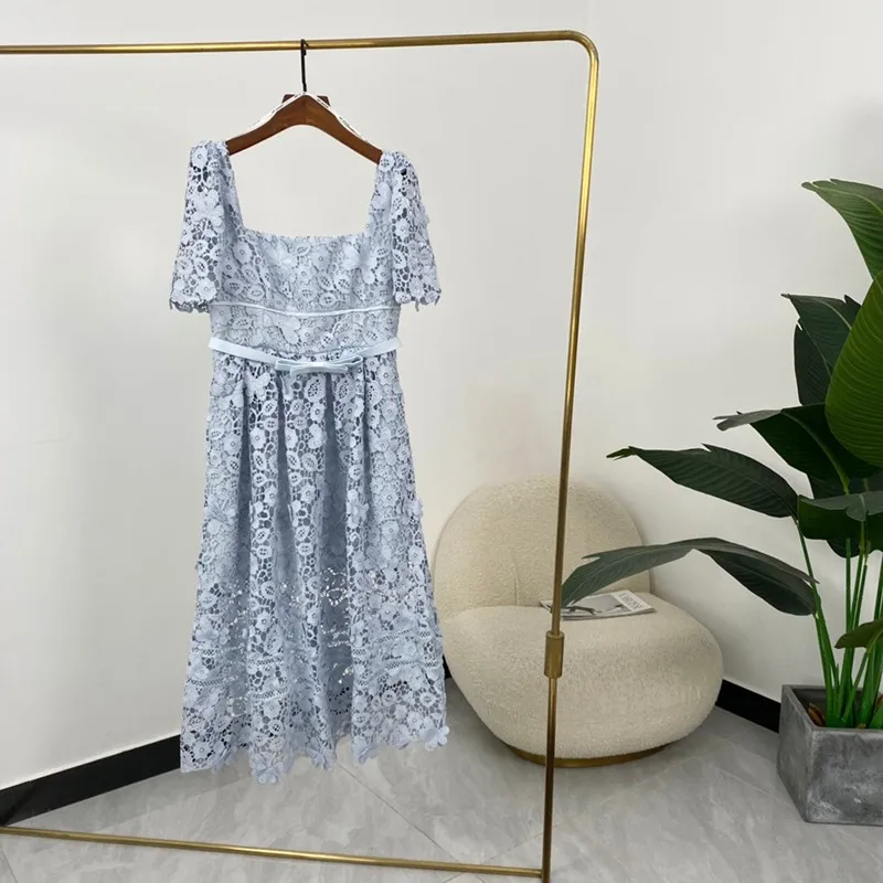 

High Quality Autumn Women Fashion A-line Solid Hook Flower Hollow Square Collar Short Sleeve Mid-calf Dresses