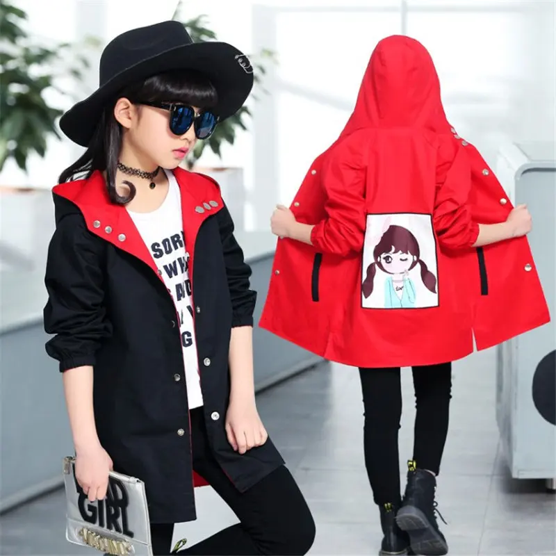 

2021 Children Jacket for Girls Cartoon Girl Reversible Hoodie Jacket Teenager Spring Autumn Hooded Coat Outerwear 4 to 14 Years