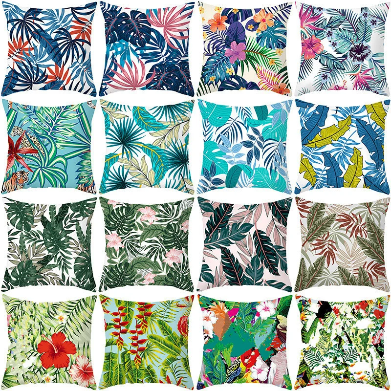 

45x45 Plant Leaves Flowers Pattern Series Cushion Cover Green Pink Pillowcase Home Living Room Sofa Seat Pillow Case Decor