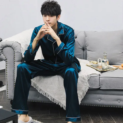 Sexy satin couple pajamas set Silk Pajamas For Women and men Lovers long sleeved autumn Pyjamas Sleepwear Sets Pijama Mujer - Цвет: 8106molv