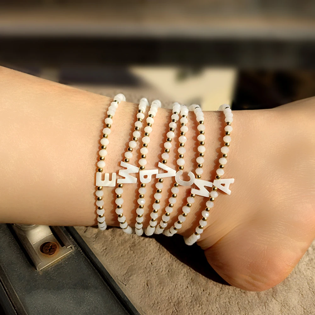 

Summer Beach Crystal Beads Initial Letter A-Z Anklets Bracelet For Women Natural Shell Alphabet Foot Chain On Leg Anklet Jewelry