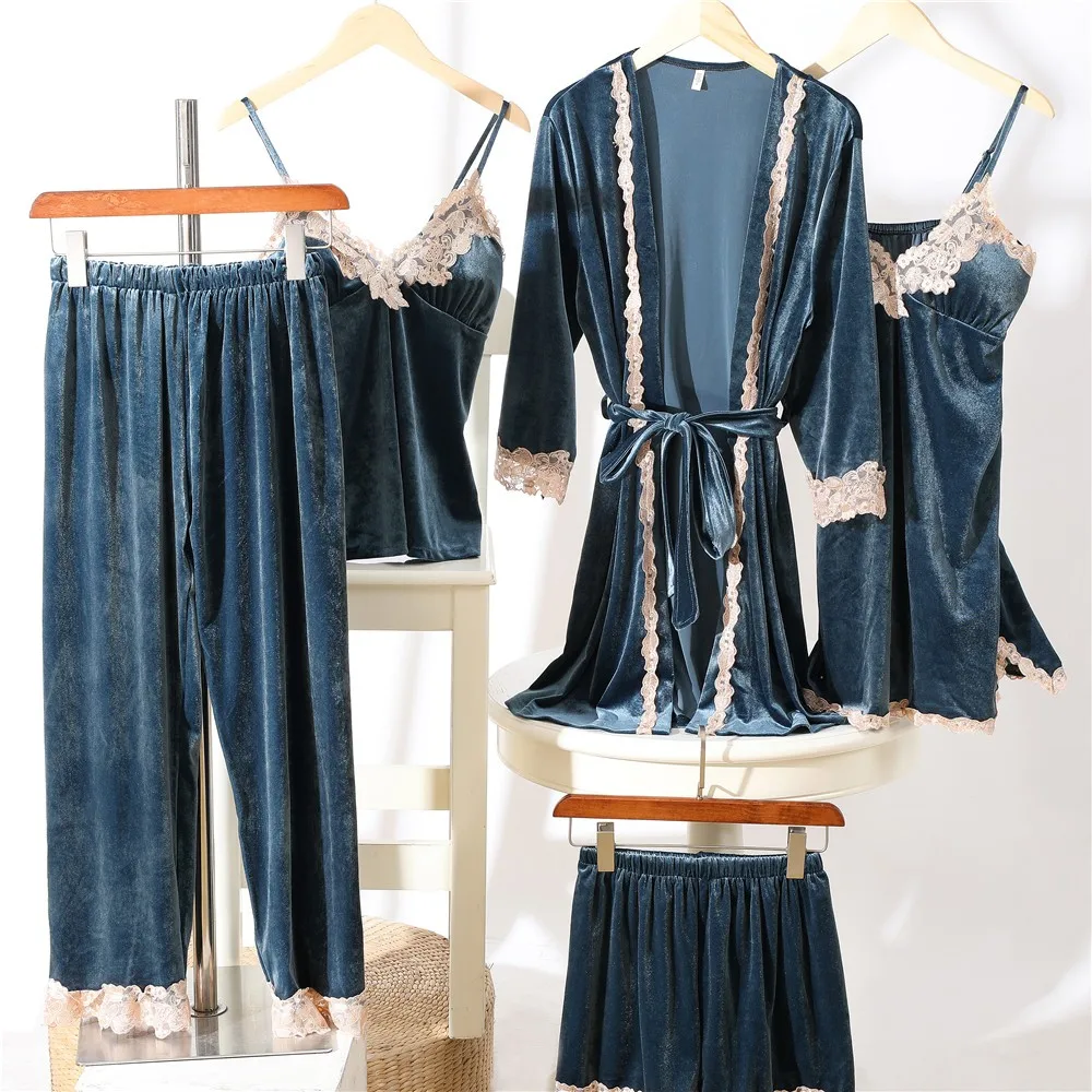 

Casual Women 5PCS Pajamas Suit Velvet Robe Set Lounge Wear Soft PJS Kimono Bathrobe Gown Sleepwear Lace Pijamas Nightwear