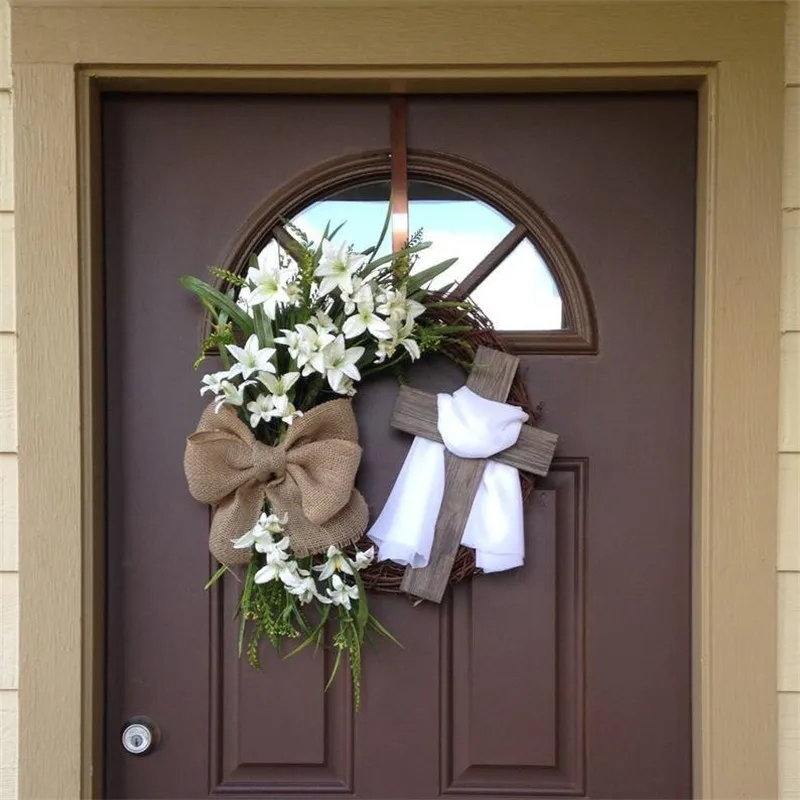 

Easter Wreath With Cross Burlap Bow Rustic Grapevine Wreath Spring Decorating DIY Easter Front Door Wreath Decoration TT