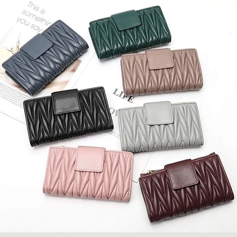 

Wrinkled 100% sheepskin Genuine Leather wallet women long large capacity leather handbag new zipper multifunctional zero wallet