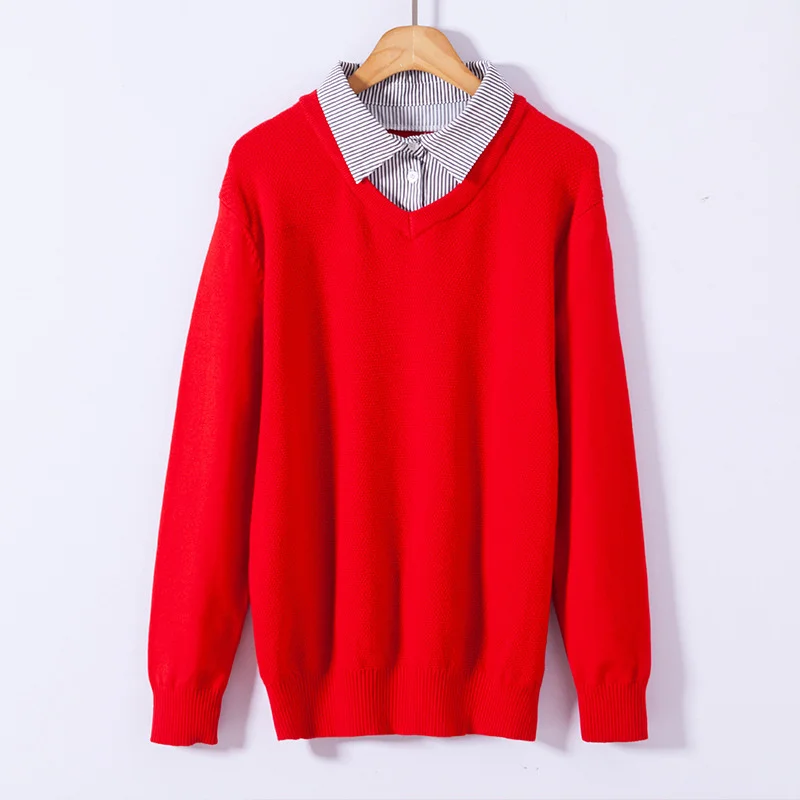 

Knitted sweater women's wear autumn and winter new heating wear striped shirt collar women's fake two Korean bottomed shirt 3016