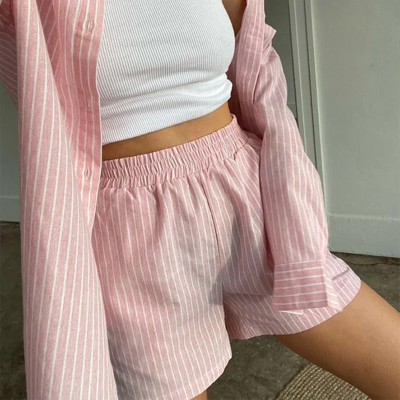 

Loung Wear Tracksuit Women Shorts Set Stripe Long Sleeve Shirt Tops And Loose High Waisted Mini Shorts Two Piece Set 2021