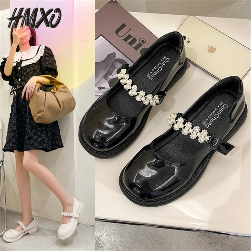 

HMXO Hottie Black Thick-soled Round-toe Leather Shoes British Girl White Mary Jane Jk Shoes Rhinestone Flat-bottomed Peas Shoes
