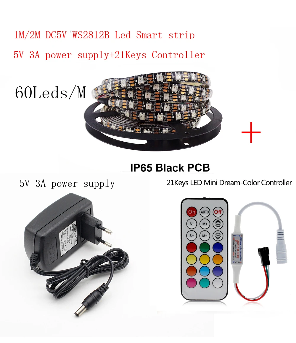 1-2 м DC5V WS2812B светодиодный полосы 60 пикселей/светодиодный s/m WS2812 IC смарт 5050 RGB света +