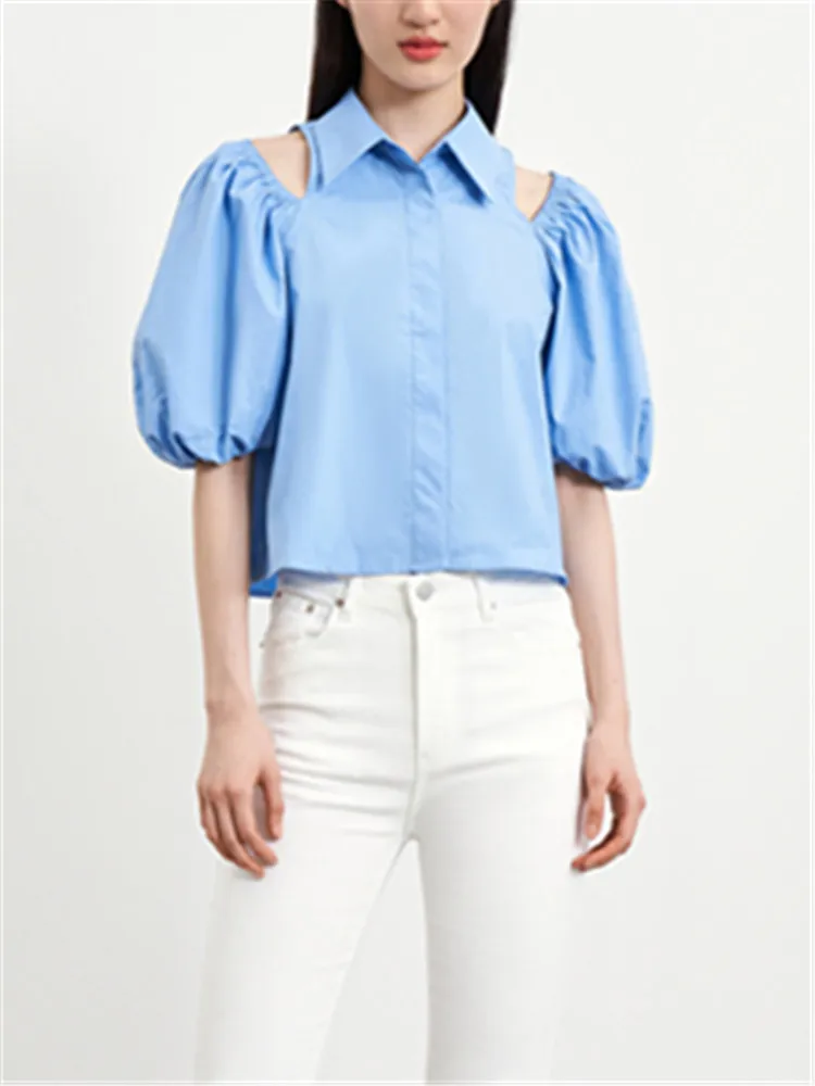 

ZA 2021 summer new women's wear Korean style design fashionable lapel shoulder hollow loose cardigan shirt top