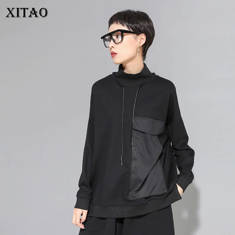 XITAO/Прямая футболка на шнурке для женщин, корейская мода, новая водолазка, Лоскутная, осень, Лоскутная, карманная, Повседневная футболка WQR2009