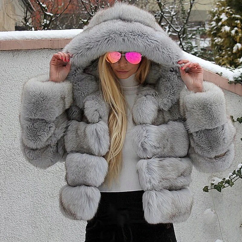 2022 New Light Grey Fox Fur Coats With Hood Winter Fashion Woman Overcoats Whole Skin Fox Fur Jackets Genuine Trendy Fur Coat enlarge