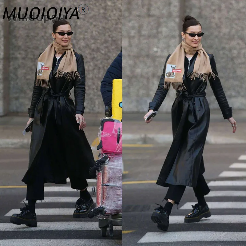 

Женский удлиненный тренчкот Bella Хадид, черный кожаный тренчкот из высококачественной искусственной кожи для зимы,