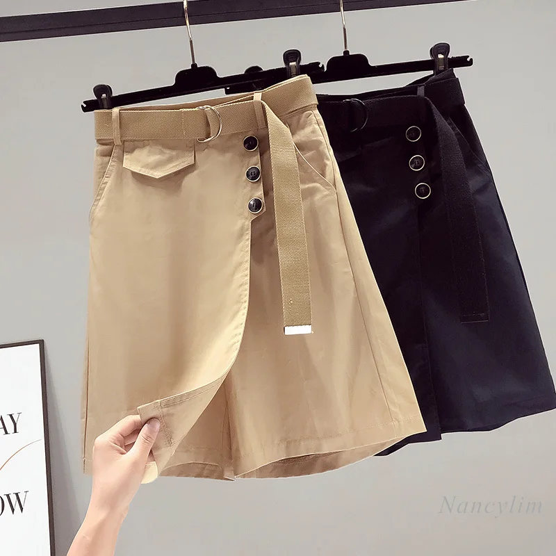

Wide-Leg Half Pants Women Summer Thin Casual Khaki Trousers 2021 High Waist Middle Pant Femme Nancylim with Belt