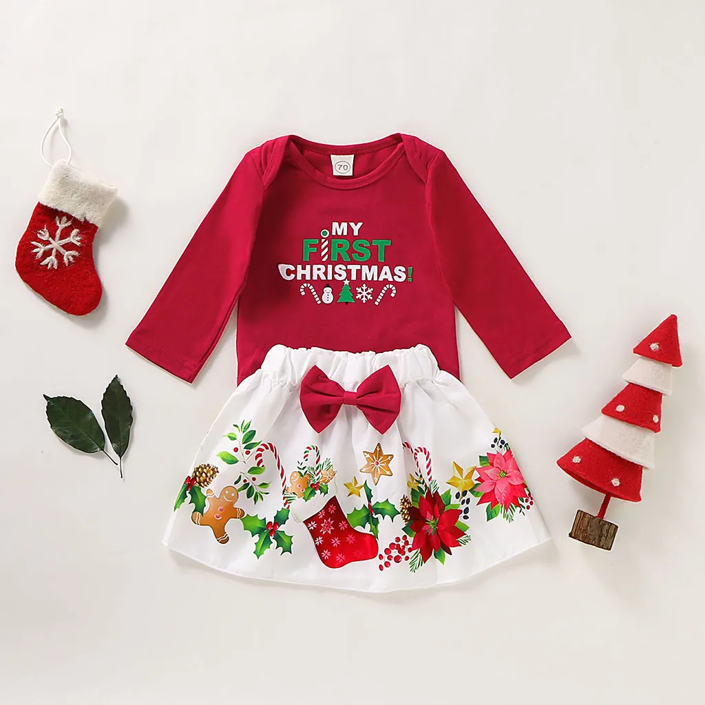 Одежда для маленьких девочек с надписью «My First Christmas» комбинезон с принтом рождественских букв для маленьких девочек, боди+ юбки с мультипликационным рисунком