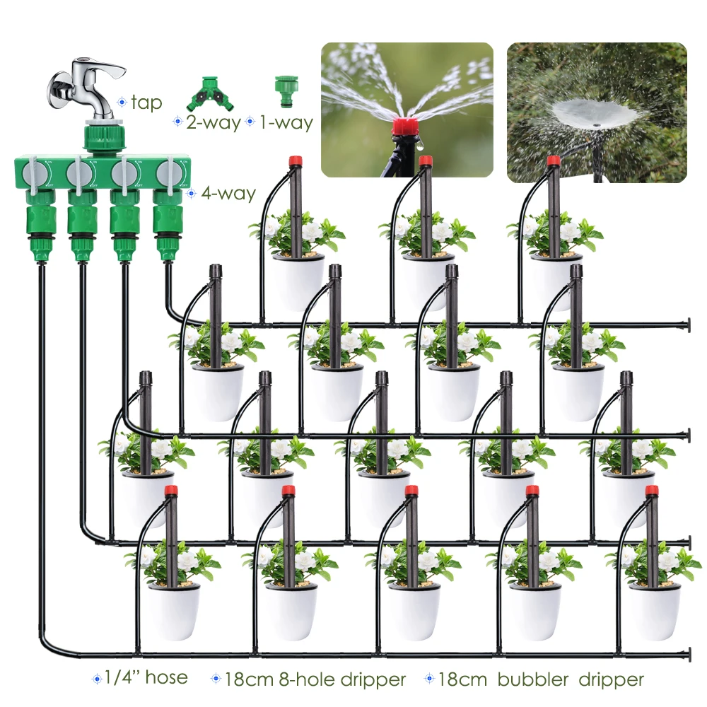 

5-50M Garden Potted Watering Irrigation System 4/7mm Hose Self Watering 18cm Adjustable Bubbler Nozzle 8-hole Dripper Kits
