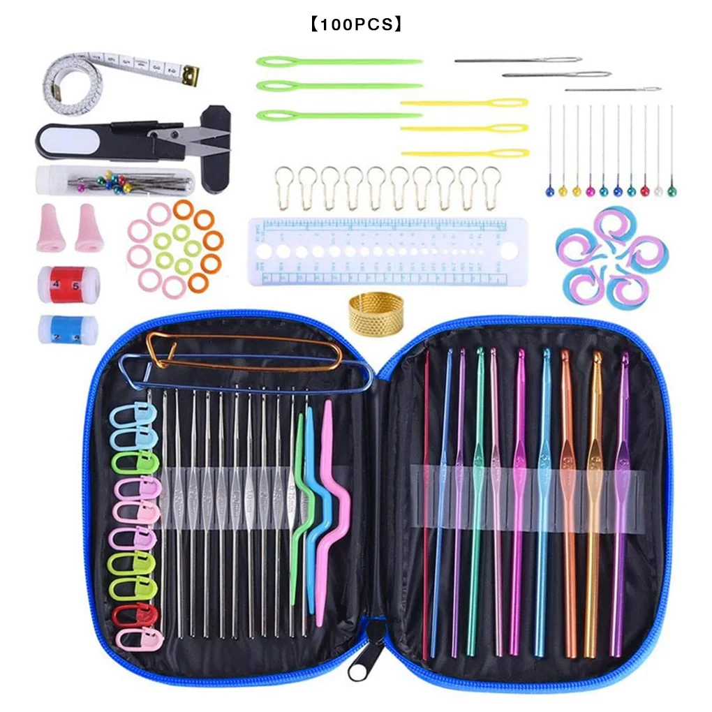 

100pcs Crochet Hook Set with Storage Bag Knitting Needles Sewing Tools Gauge Scissors Stitch Holder Portable Sewing Tool Set