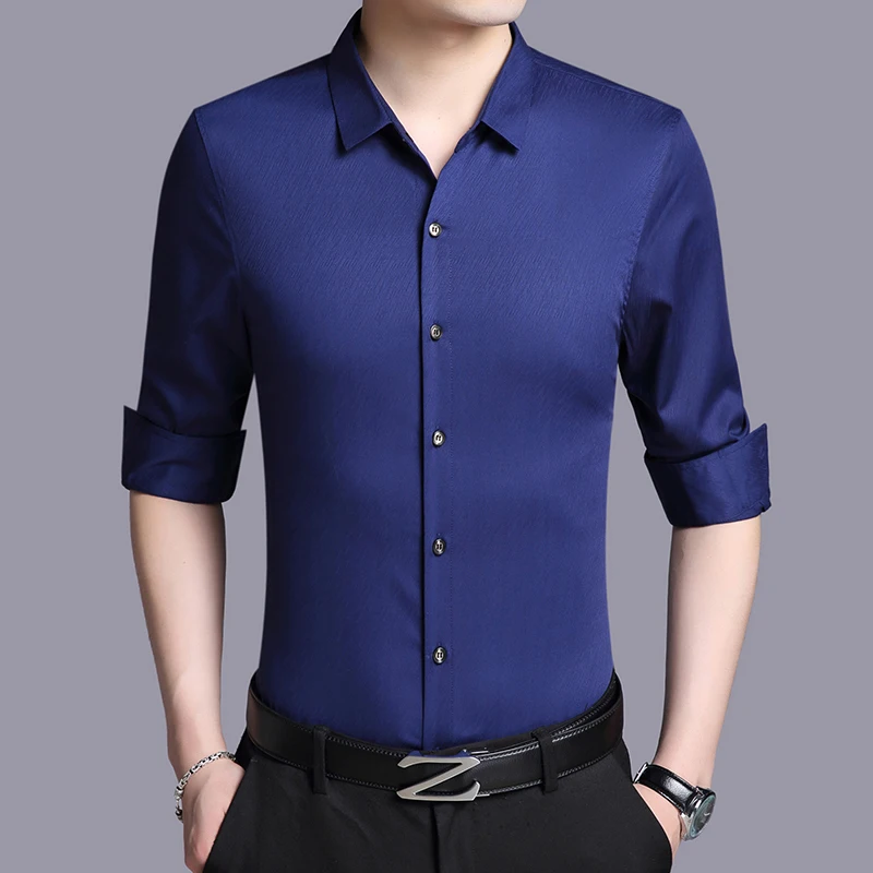 2020 Spring Men Long Sleeve White Real Silk Shirt Black Mens Shirts Casual Slim Fit Korean Social Camisa Masculina KJ1266