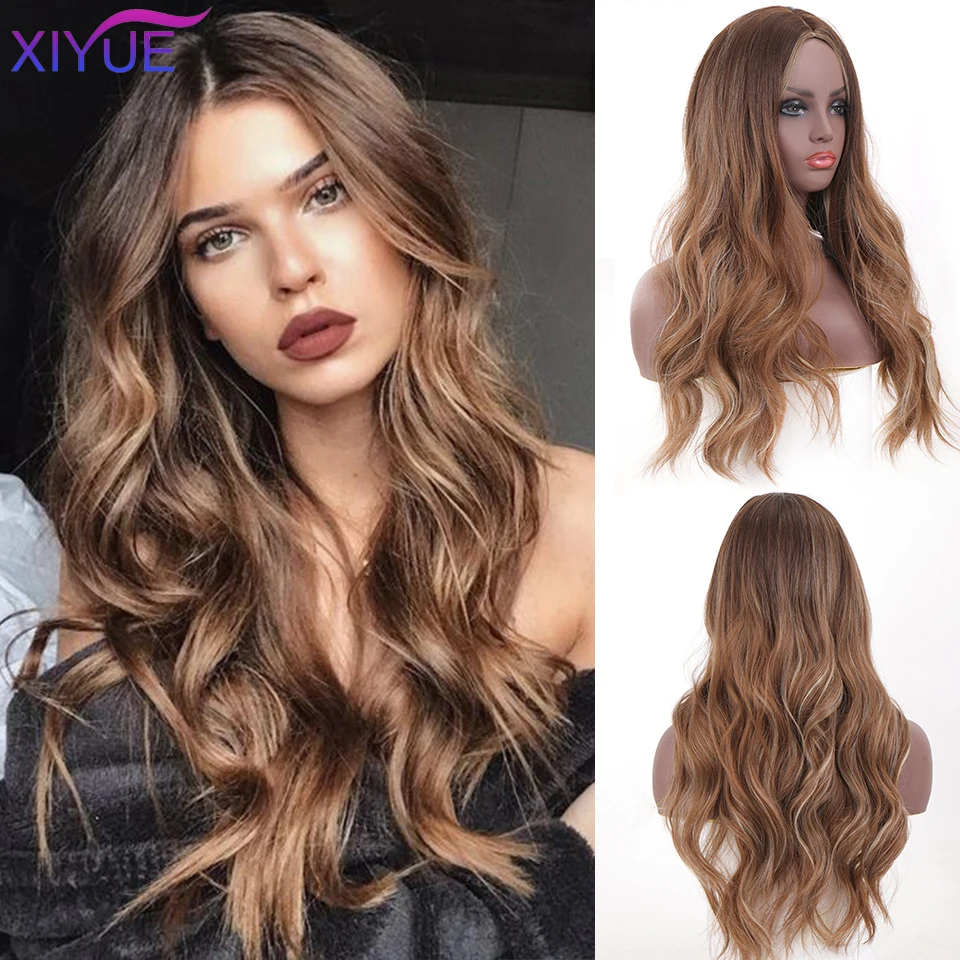 

XIYUE Long Wavy Brown Synthetic Wigs With Blonde Highlights Cosplay Natural Hair Wigs High Temperature Fiber For Black Women