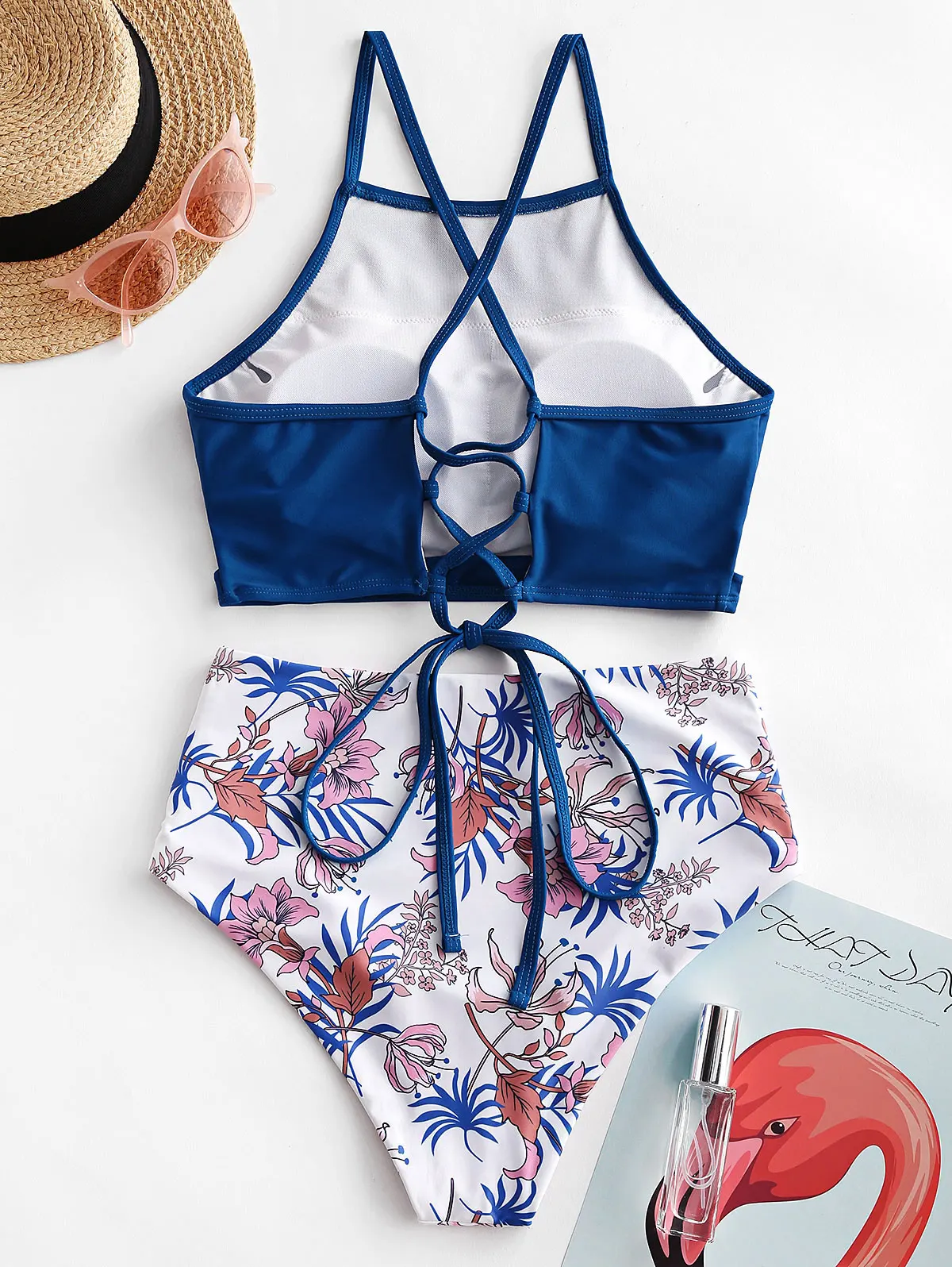 ZAFUL Women Cutout Crisscross Lace-Up Floral Tankini Swimsuit High Waisted High Waisted Removable Padded Swimwear Mix And Match