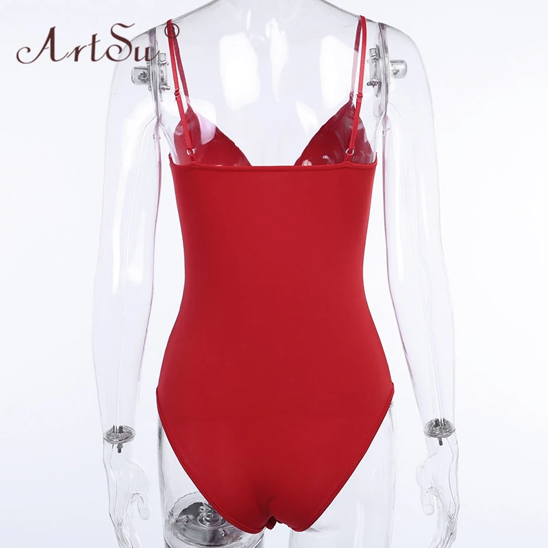 

ArtSu Women Clubwear V-Neck Sleeveless Spaghetti Straps Sexy Bodysuit Solid Basic Casual Jumpsuit One Piece Combinaison Femme
